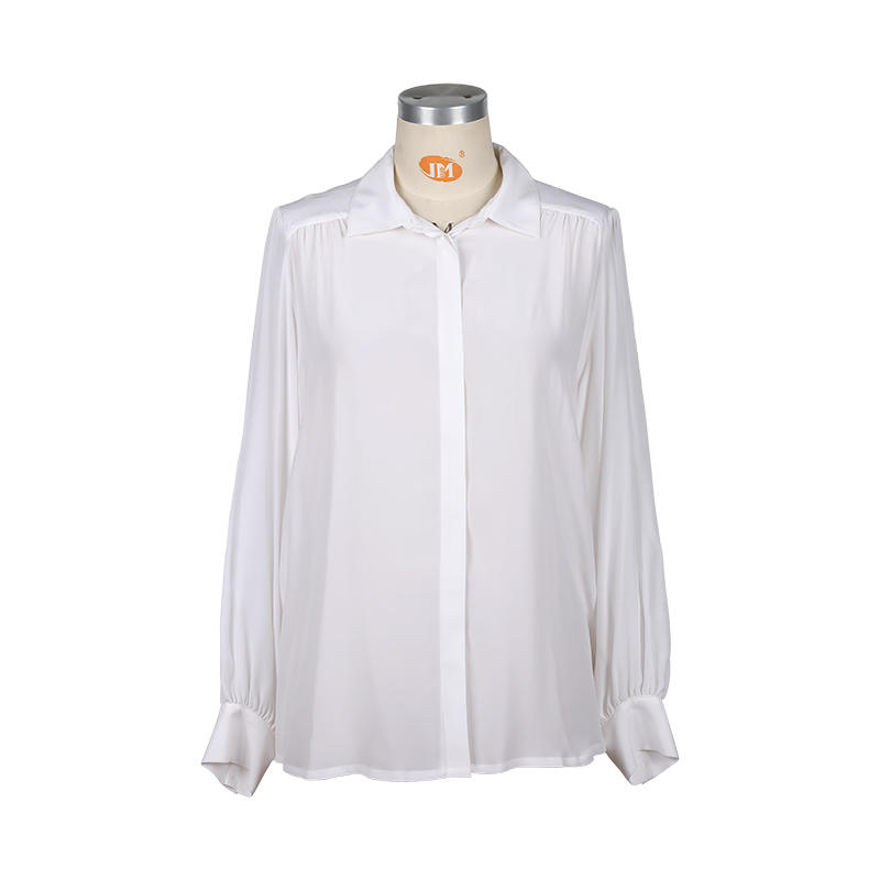 Drapey satin lantern sleeve plain white long sleeve shirt details