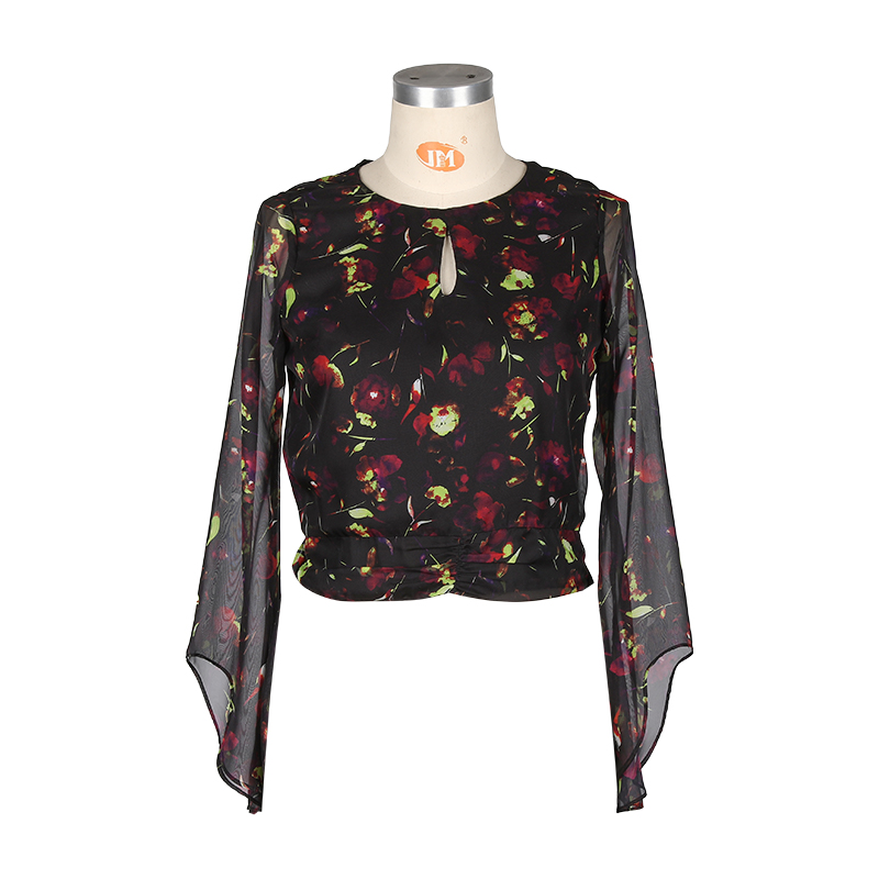 Women's Tulle Long Sleeve Printed Resort Style Silk Blouse