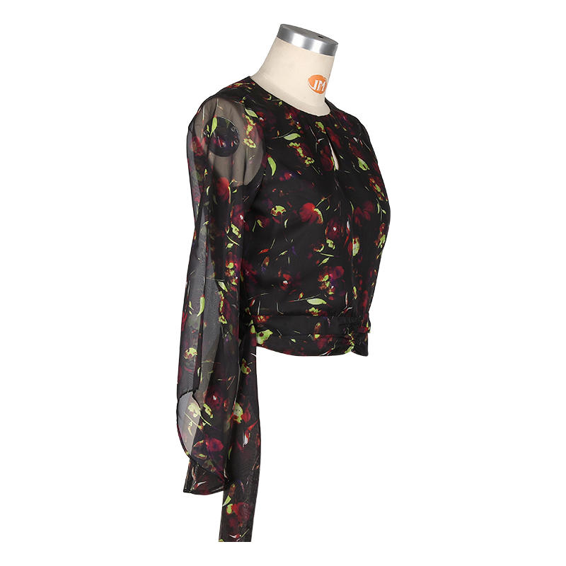 Women's Tulle Long Sleeve Printed Resort Style Silk Blouse details
