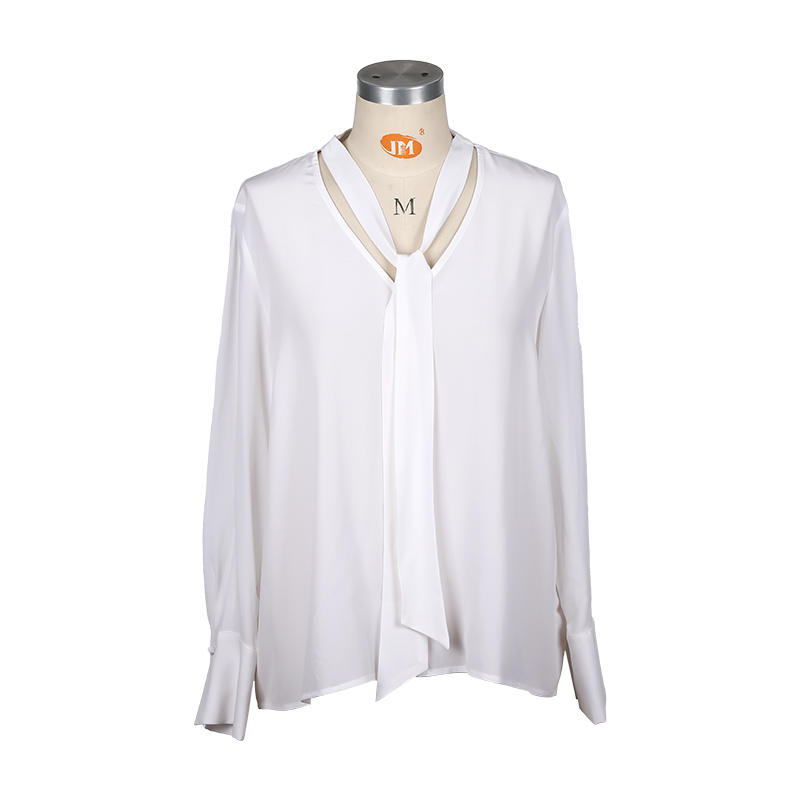 Women's mulberry silk long sleeve V-neck white shirt details