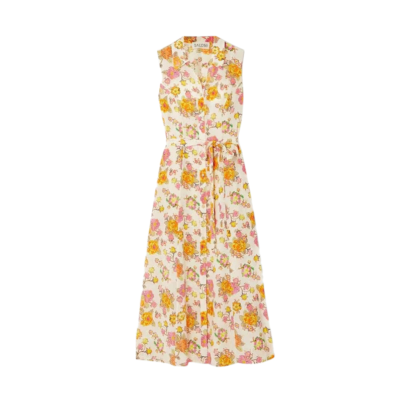 Women<i></i>'s french crepe mulberry silk sleeveless beach party small square neck small yellow flower midi dress