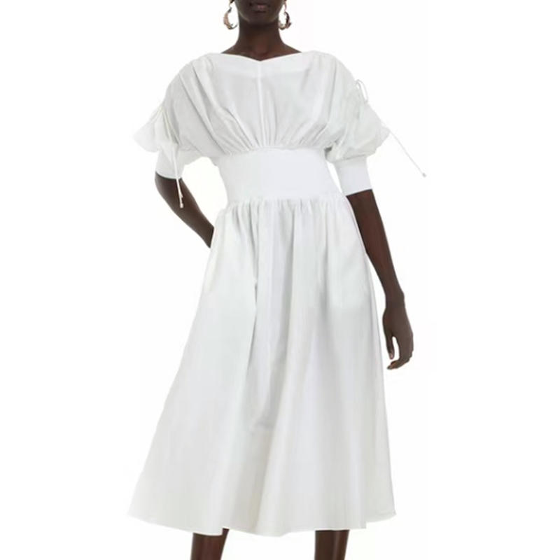 Women's french silk cotton mid sleeve party round neck ivory midi dress details